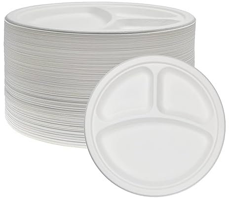 3 Compartment Plastic Plates 50pcs 10 inch White Reusable Breakfast Lunch Dinner Dishes Wedding Christmas Parties Picnic Camping Catering Supply By Tezraftaar®