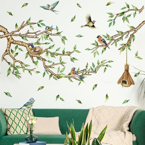 Zfseyuh 2 Stück Wandtattoo Vögel auf Baum Ast Mit Blüten - Wandsticker für Wohnzimmer, Schlafzimmer, Kinderzimmer, Sofa-Hintergrundwand