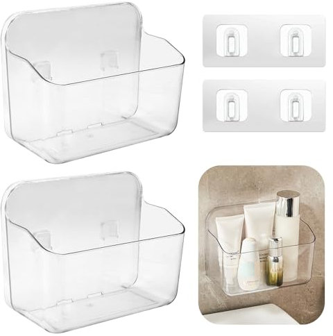 KITERI Bathroom Shelves, 2 Pcs Small Shower Baskets Self-adhesive Bathroom Storage Caddy Plastic Shelf Wall Mounted Storage No Drilling for Bath Essentials Makeups, Shampoo Holder