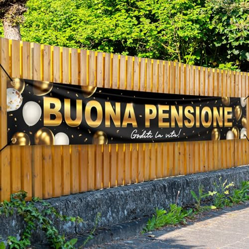 BETESSIN Striscioni Buona Pensione Decorazione Pensionamento Banner Oro Nero Gadget Pensionato Uomo Donna Idea Regalo per Festa Pensionamento 250 * 40cm