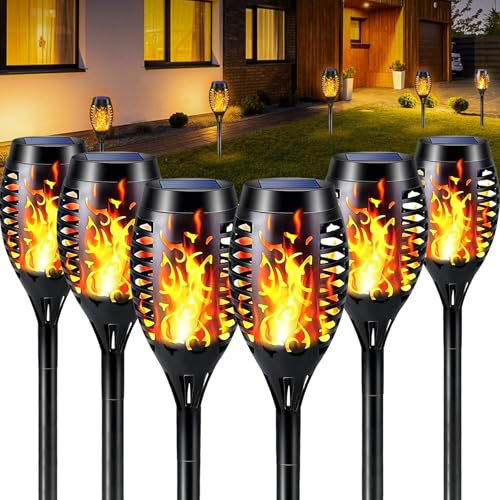 Luci Solari a Fiamma 6 Pezzi,Solare Torcia Luce con Effetto Fiamma,IP65 impermeabili Lampade Solari da Giardino,con Fiamma Tremolante Realistico,per Giardino,Cortile,Vialetto,Prato,Patio, Corridoio