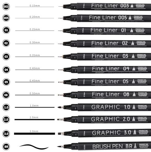 EYEYE Micro Fineliner Pens, Black Drawing Art Pens,12 Archival Pen Waterproof Ink Set Artist Supplies Archival Inking Markers Sketch Outline Pen, Precision Drawing and Sketching Kit