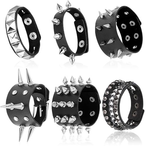 Molain 6 Stück Nietenarmbänder Leder, Gothic Punk Armband PU Lederarmband Punk Zubehör für Damen und Herren Rock Biker Stil