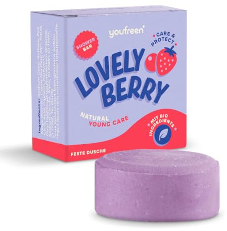 youfreen Feste Pflegedusche für Kinder, Teens & Erwachsene, vegane Duschpflege mit Bio Kokosöl, feste Dusche Naturkosmetik für Feuchtigkeit (lovely berry)
