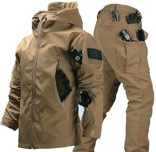 RVUEM Khaki,L, 2-Teiliger Snowboard Schneeanzug Softshell Jacke FüR Herren MilitäRische Bekleidung, Kampfanzug Outdoor Skianzug Taktische Jacke Und Hose FüR Skifahren Outdoor Sport