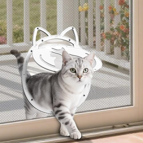 ALUMANI Cat Door for Screen Door, Cat Screen Door with Lockable Magnetic Flap, Inside Openning 10x10x0.5 inch, Cat Door for Screen Window, White