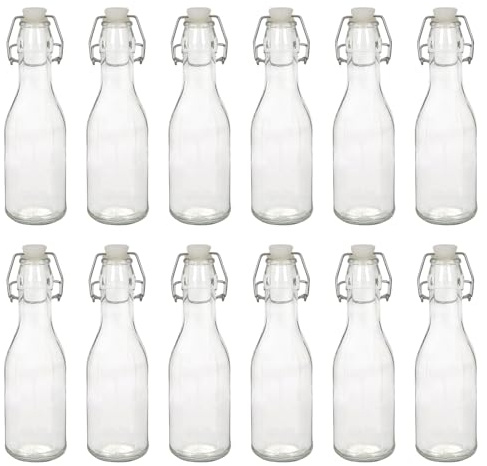 Argon Tableware 250ml Glass Bottles with Swing Top - Clear - 12x Reusable Empty Water Wine Milk Olive Oil Juice Gin Home Brew Brewing Drinking Fridge Dispenser Storage Jars with Stopper Lid