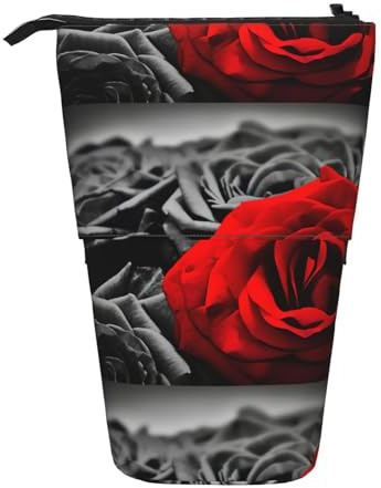 HKHLHLH Black White and Red Roses Pencil Case Standing Pen Holder Telescopic Pouch Pop Up Cosmetics Bag,for Girls Boys Students