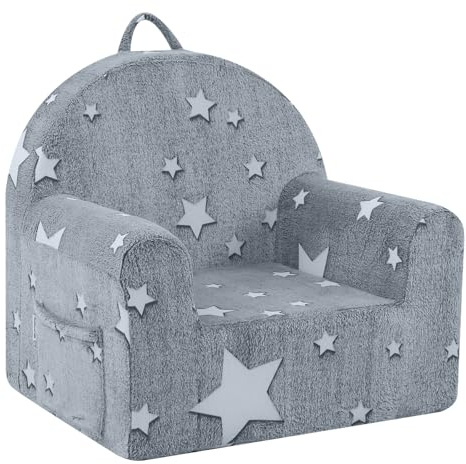 MeMoreCool Kinder Sessel – Bequemer Plüsch Kindersofa, Weicher Schaumstoff Stuhl, Tragbarer Kindersessel für Kinderzimmer & Leseecke, Grau Stern