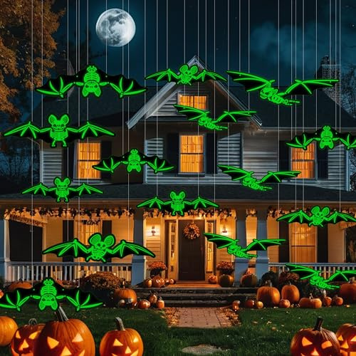 Décoration Halloween, 24 Pièces Halloween Chauve Souris Lumineux, Chauves-Souris Fluorescente Suspendues d'halloween en PVC Étanche pour Deco d'halloween Interieur Exterieur (24PCS)