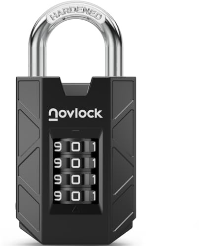 NOVLOCK Lucchetto a combinazione a 4 cifre – robusto e sicuro – arco in acciaio temprato da 7 mm – per armadietti, armadi, cancelli, recinzioni e capanni – 1 pezzo, nero