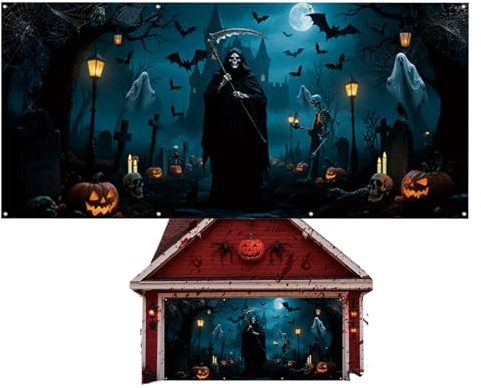 Générique Decorazioni Per Porte Del Garage | Copertura Decorativa Di Tela Affresco | Tema Fantasma Nero | Garage Magnetico Decorativo Muratura per Le Vacanze E Uso Tutto L'anno |