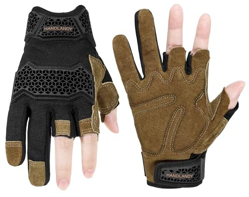 HANDLANDY Leather Framer Work Gloves for Mens & Women, Uwrist Fingerless TPR Shock-Absorbing Breathable Glove for Cycling, Driving, Exercise etc.(Brown-Black, Medium)