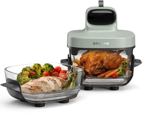 dreame Tasti AirFryer 5-in-1 tragbare Glas-Heißluftfritteuse, Zwei-Behälter-Setup (2,5 L + 4,5 L), 6 mm Borosilikatglas, 3D-Heißluft-Umwälzung, spülmaschinengeeignet, 360°-Panorama-Ansicht, abnehmbar