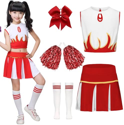 XFOZDM Déguisement Pompom Costumes de pom-pom deguisement cheerleader avec Pompoms Barrette Nœud Chaussettes pour Carnaval Halloween Mascarade Cosplay Costume,Red-150