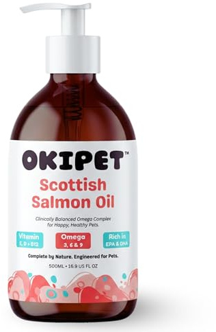 Okipet Scottish Salmon Oil for Dogs & Cats – Pure Omega 3 Fish Oil Supplement for Skin, Coat, Joints & Heart – Sustainably Sourced from Scotland (1 x 500ml Bottle)
