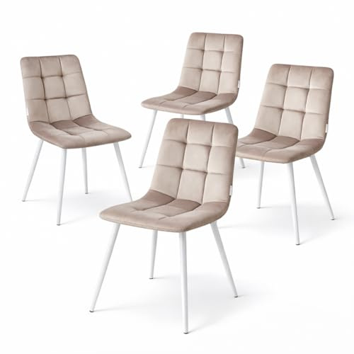 Minimal DECO Pack 4 Sillas de Comedor Tapizadas en Terciopelo con Patas Blancas, Diseño Moderno Acolchado, Respaldo Ergonómico, Sillas Cocina Salón, Estructura Metálica Estable, 55x45x90 cm (Moca)