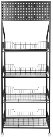 4 Tier Display Rack, Snack Rack with Wheels Storage Shelf 10KG per Tier | Freestanding Grid Display Stand 140CM Height with 10 Hooks for Kitchen Pantry Shop Cafe Playroom Black