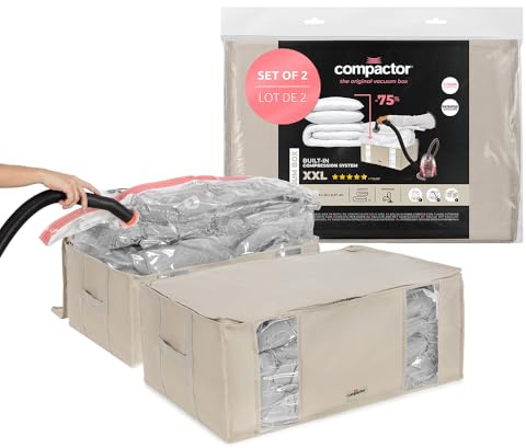 Compactor Sacchetti Sottovuoto Vestiti con Custodia Semirigida Beige, Buste Sottovuoto Vestiti XXL per Armadio, Sacchi Sottovuoto Piumoni con Finestra Trasparente e Maniglie