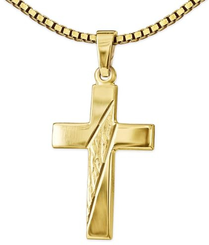 Clever Schmuck Set Goldener Anhänger Kreuz 21 mm quer gemustert und 2 Linien diamantiert glänzend 333 GOLD 8 KARAT und vergoldeter Kette Venezia 45 cm im Kreuz Etui