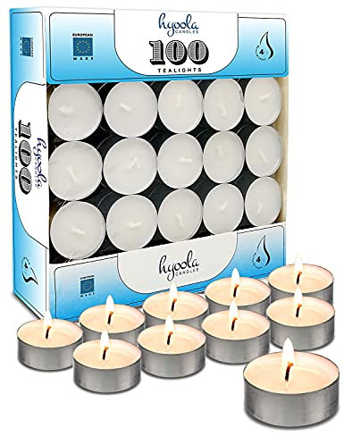 Hyoola Teelichter - Kerzen Großpackung mit 100 Stück - Teelichter Lange Brenndauer - in Europa Hergestellte Teelichtkerzen