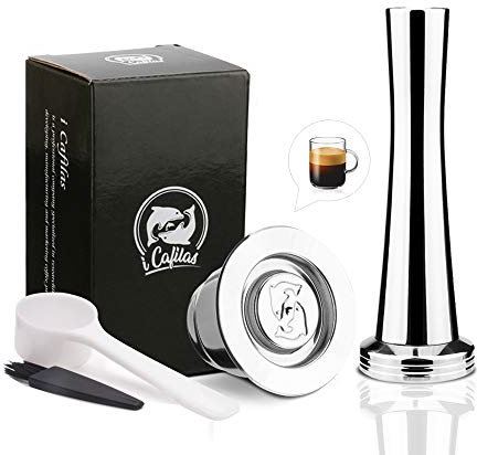 Reusable Capsules Pods- i Cafilas Stainless Steel Refillable Pods Compatible for Nepresso Machines (Capsule+Tamper (Crema Version))
