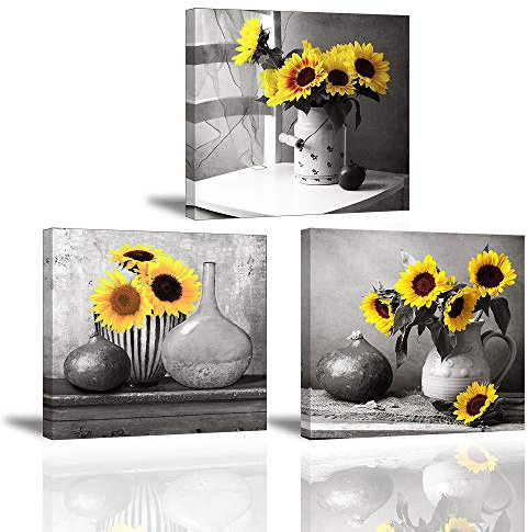 Piy Painting 3X Cuadro sobre Lienzo Imagen Impresión en Lienzo El Girasol es una Flor Que anhela el Sol Pinturas Murales Decor Dibujo con Marco para Sala de Estar Cumpleaños 30x30cm