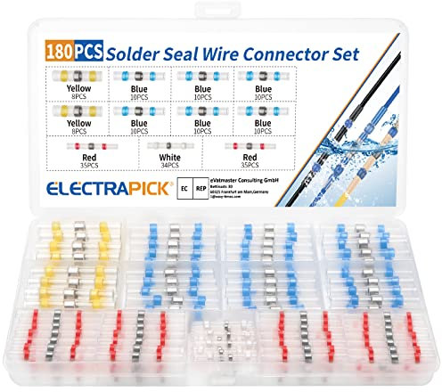 electrapick Solder Seal Wire Connectors, 180 PCS Waterproof Heat Shrink Butt Connectors, Electrical Wire Terminals, Marine Insulated Butt Splices