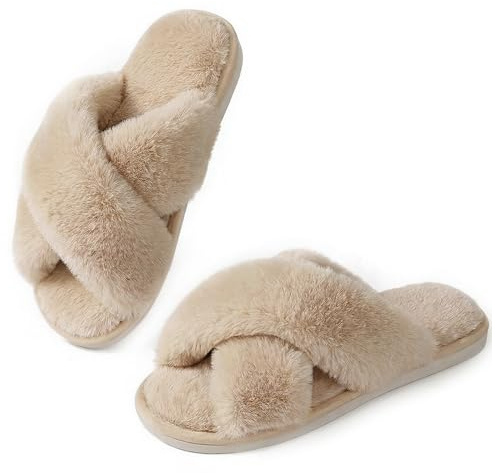 Ankis Women's Camel Fluffy Slippers, Cross Band Furry Open Toe Memory Foam, Cozy Plush Home Shoes, Indoor/Outdoor Anti-Slide Slipper