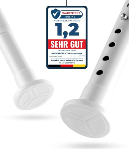 MEISENGERG Barra Cortina Ducha Sin Taladrar, Extensible 160-210 cm, Blanco - Telescópica Ajustable de Tensión Sin Agujeros - Perfecta para Ducha, Armario, Puerta, Balcón - Acero Inox, Diámetro 25mm