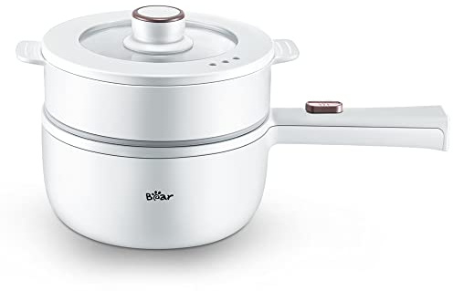 Bear Hot Pot Electric with Steamer, 1.6L Rapid Noodles Cooker, Mini Pot, Non-Stick Frying Pan for Steak, Ramen, Egg, Oatmeal, Soup with Power Adjustable
