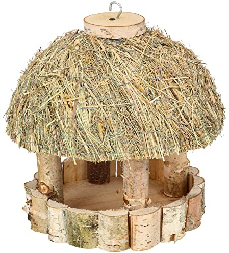 KOTARBAU® Vogelhaus zum Aufhängen - ⌀ 28 cm - mit Reetdach - Vogelfutterhaus aus Holz - Vogelhäuschen - Natürlich - Futterhaus - Gartendekoration