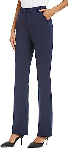 iChosy Women's Stretchy Straight Leg Dress Work Pants Business Office Casual Slacks with Pockets Navy 14 Tall