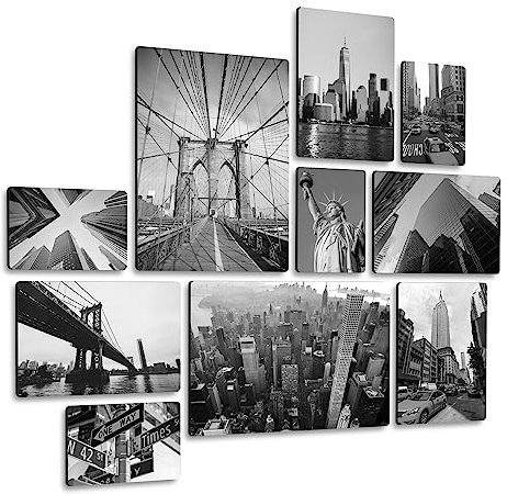 Giallobus - Set 10 Quadri Multi Pannello - Città - New York B&W - Legno MDF - - 2 x 42x29,7cm - 4 x 29,7x21cm - 4 x 21x14,85cm - - Pronti da Appendere - Quadri Moderni per la casa