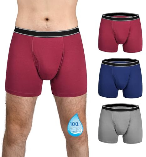 TIICHOO Inkontinenz Slip Herren Waschbar Regelmäßige Saugfähigkeit 100ml Inkontinenz Pants Männer Baumwolle Boxershorts 3er Pack (X-Large, Burgunder/Marineblau/Grau)