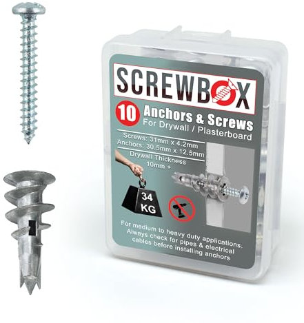 SCREWBOX® Drywall Fixings Anchor and Screws - 10-Piece Set for Heavy duty plasterboard fixings, Metal Self Drilling Screws and Wall plugs set, Plasterboard Anchors for Stronger Grip & Lasting Quality