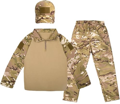 QIYUANT Enfant Ensembles T-Shirt & Pantalon Tactique Camo Airsoft Militaire Camouflage Printemps Été Automne Manche Longue Combat Chasse Randonnée (CP/T-Shirt + Pantalon + Casquette, 150)