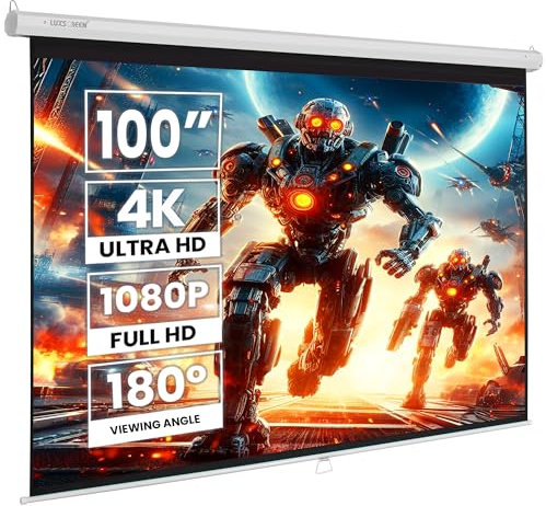 Pantalla de Proyector Manual 100 Pulgadas 16:9 Pro Luxscreen, Área Visible Blanca 220 x 124cm, Requiere un Espacio de instalación de 236cm, Instalación a Pared ó Techo