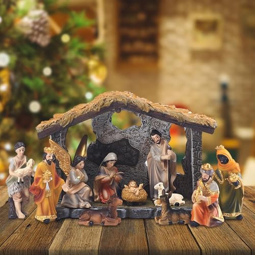 Generico Presepe | Set presepe con figure in resina da 12 pezzi | Figurine tradizionali della scena del presepe della stalla di Natale | Decorazioni natalizie creative per la nascita di Gesù