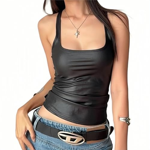 Women's Shiny Crop Top, U Neck Stretchy Sexy Slim Fit Metallic Tank Top Vest, Black Sleeveless Holographic Party Tank Tops Dance Vest Clubwear Club Tank T-Shirt