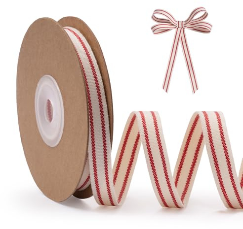 FAKILO Simpatico nastro di cotone per regali, torte, regali, fai da te, nastro divertente con strisce rosse, 9,5 cm x 9,1 m