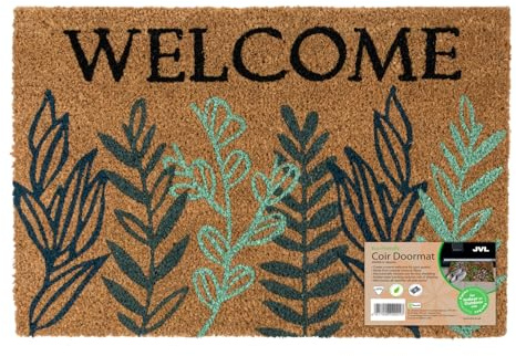 JVL Eco-Friendly Latex Backed Coir Entrance Doormat, 40x60cm - Welcome Leaves