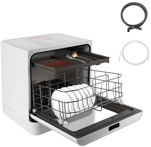 Lavastoviglie da tavolo, 800 W, con indicatore LED, lavastoviglie con 4 programmi di lavaggio, mini lavastoviglie senza attacco per piccoli appartamenti, dormitori, bianco