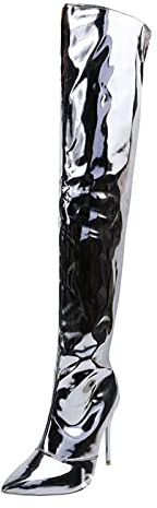 Allbestop Cuissardes Femme Sexy Haute, Cuissardes Bottes Femme Genou Bottes Talon Haut Chaussures à Talons Hauts Cavalières Cuir Mollet Large Western en Cuir(Argent,37)