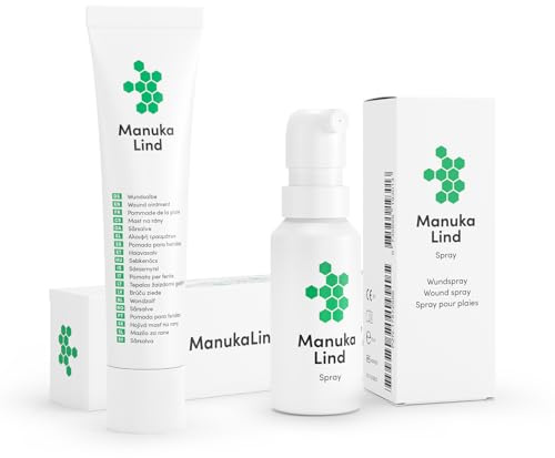 ManukaLind Spray cicatrisant + pommade cicatrisante au miel de Manuka antibactérien (MGO 514+) pour toutes les phases de la cicatrisation des plaies, de nombreux types de plaies, favorise la