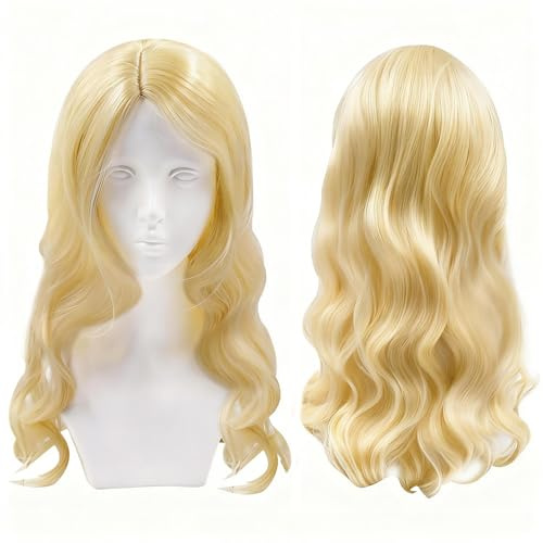 Nureeca Blonde peruk för damer, 70 cm, lång lockig peruk med naturligt indraget hårfäste, naturligt utseende, syntetfiber, värmebeständig för cosplay, vardag, fest, bröllop