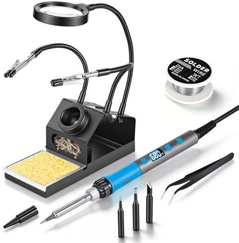 Soldering Iron Kit, 100W High Power LCD Digital Solder Iron Pen, Fast Heating Soldering Tool with Magnifying Glass and Helping Hands, Iron Tips, Solder Wire, Tweezer, Automatic Sleep Mode (Blue)
