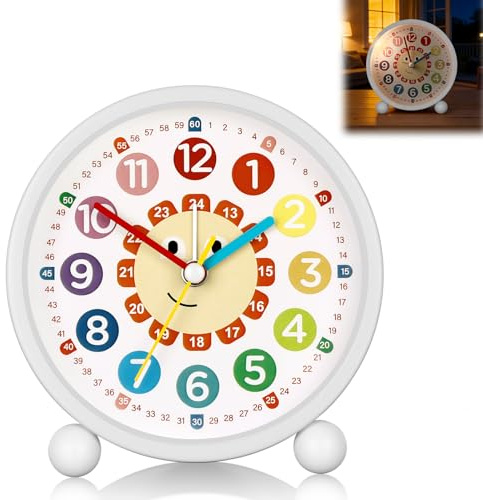 AOOTE Kids Alarm Clock, Silent Non Ticking Learning Clock, Kids Alarm Clocks Bedside Girls Boys with Night Light and Snooze, Easy to Read, Battery Operated for Bedroom, Home, Office, White