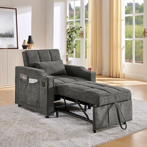 Fppuueg Sofá Cama Convertible Sillón Cama Plegable 3 en 1, Sofá Cama Individual con Respaldo Ajustable 3 Posiciones y Bolsillos de Almacenaje, Sofá Cama 1 Plaza 3 en 1, Sillón Relax, Gris Oscuro