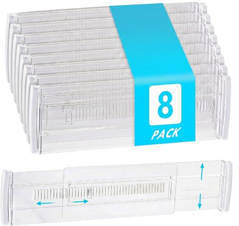 ZORVENIX Divisori per Cassetti Regolabili | Separatori Trasparenti (Lunghezza: da 28,7 a 50,5 cm) | Divisori Organizer per Cucina, Guardaroba, Scrivania e Cassettiera